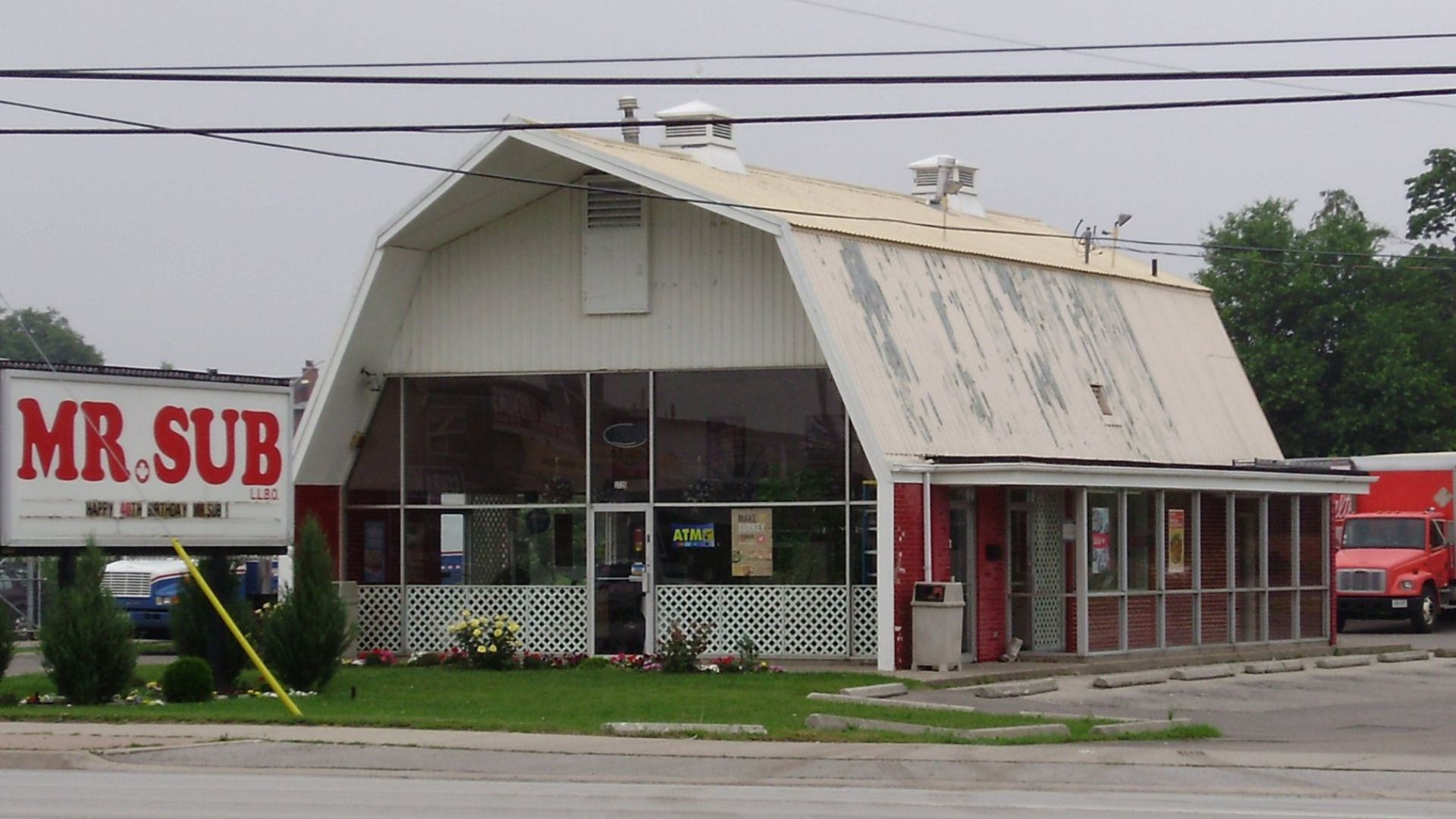 A Mr. Sub restaurant housed in a converted barn, located on the north side of Dundas Street East in Mississauga,Ontario, Canada.
