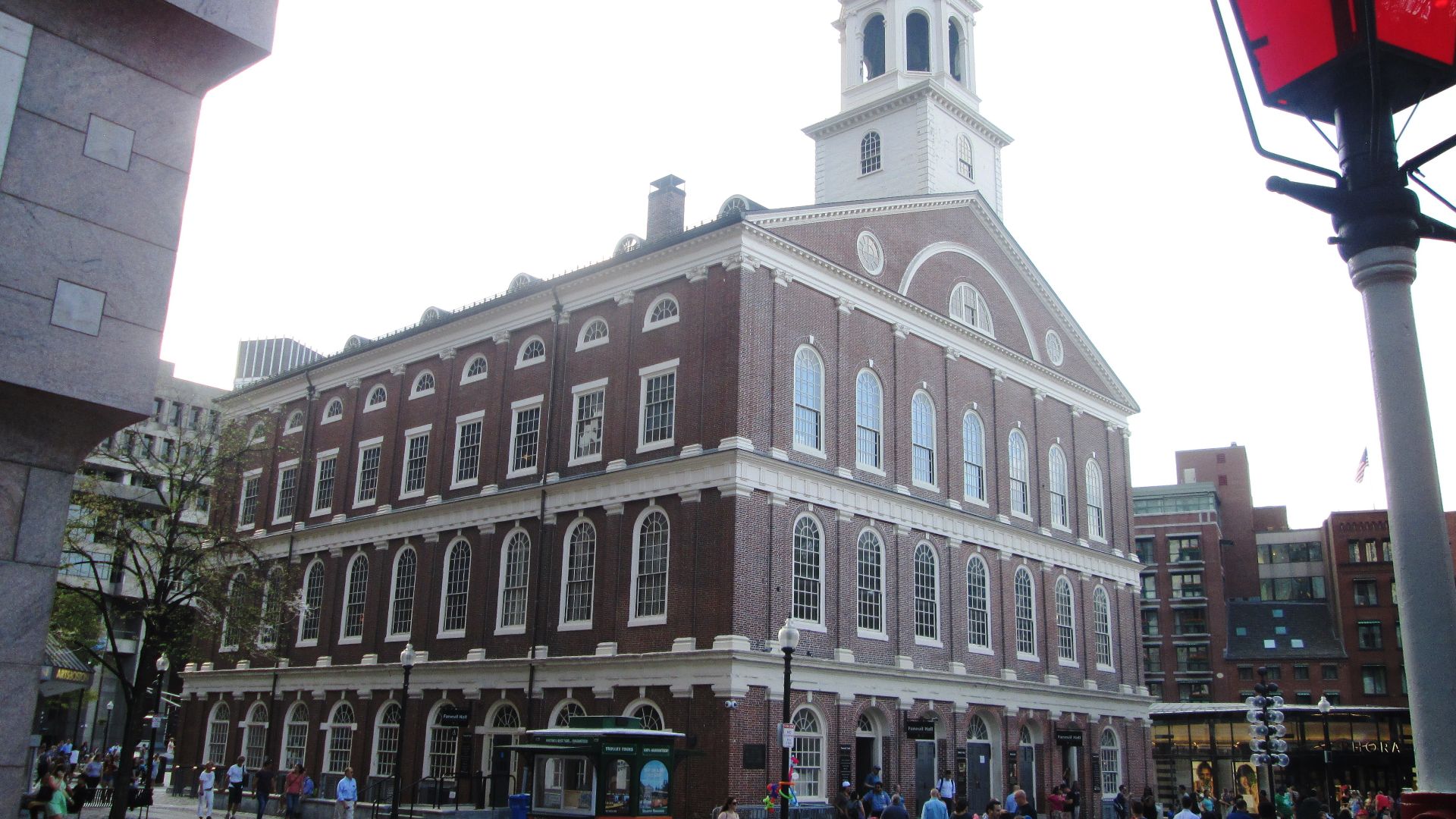 Faneuil Hall  located near the waterfront and today's Government Center, in Boston, Massachusetts, has been a marketplace and a meeting hall since 1742. It was the site of several speeches by en:Samuel Adams, James Otis, and others encouraging independenc