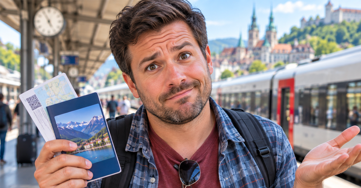 Confused American tourist at a European train station