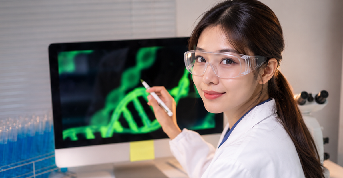 AI-generated image of a scientist analyzing DNA on a computer in a laboratory