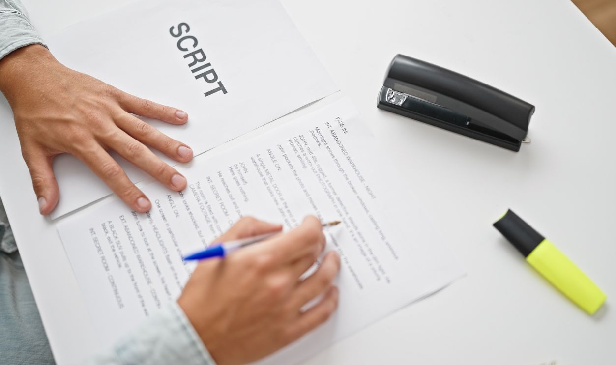 Young caucasian man screenwriter writing script at office