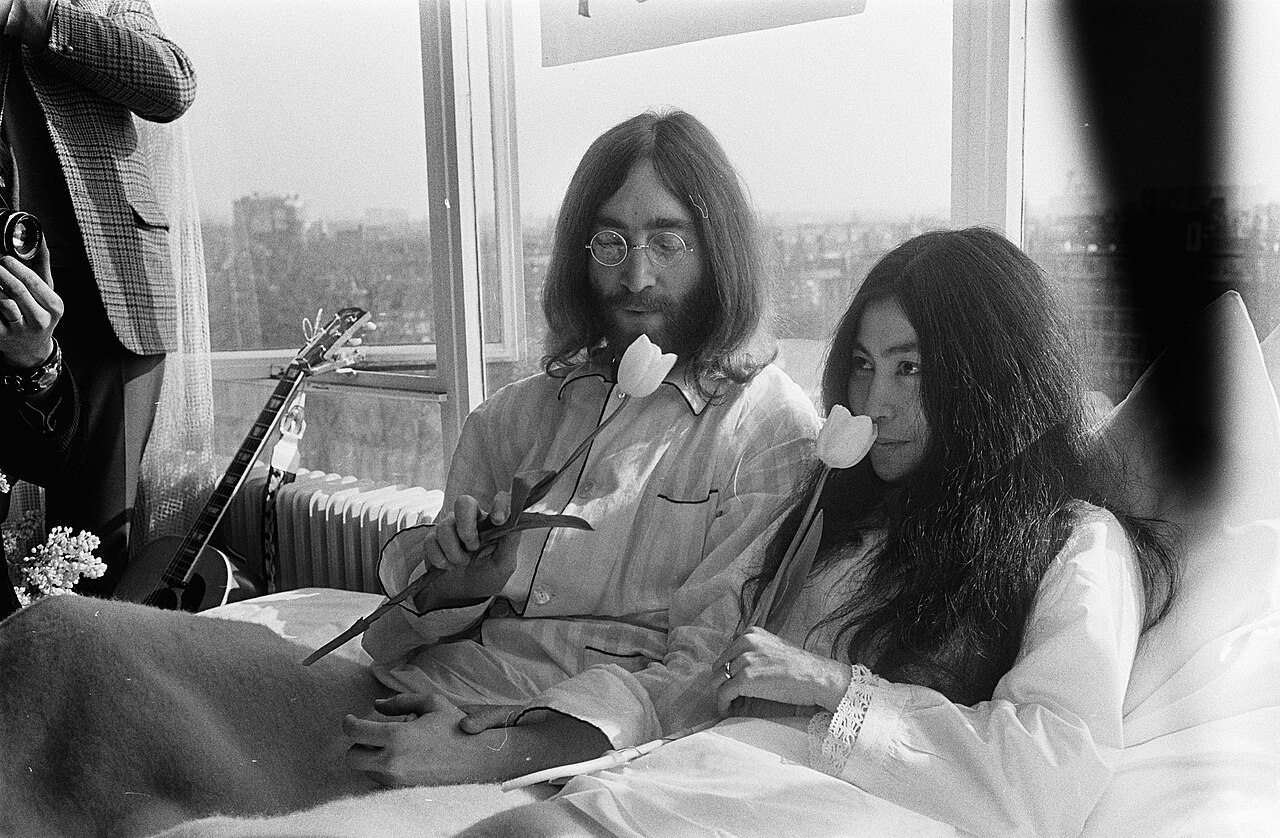 John Lennon and his wife Yoko Ono on honeymoon in Amsterdam