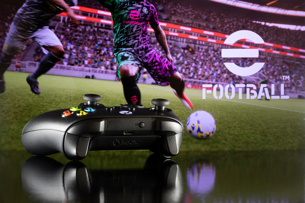 Xbox controller with efootball logo at background - 26th Jul, 2021, Sao Paulo, Brazil