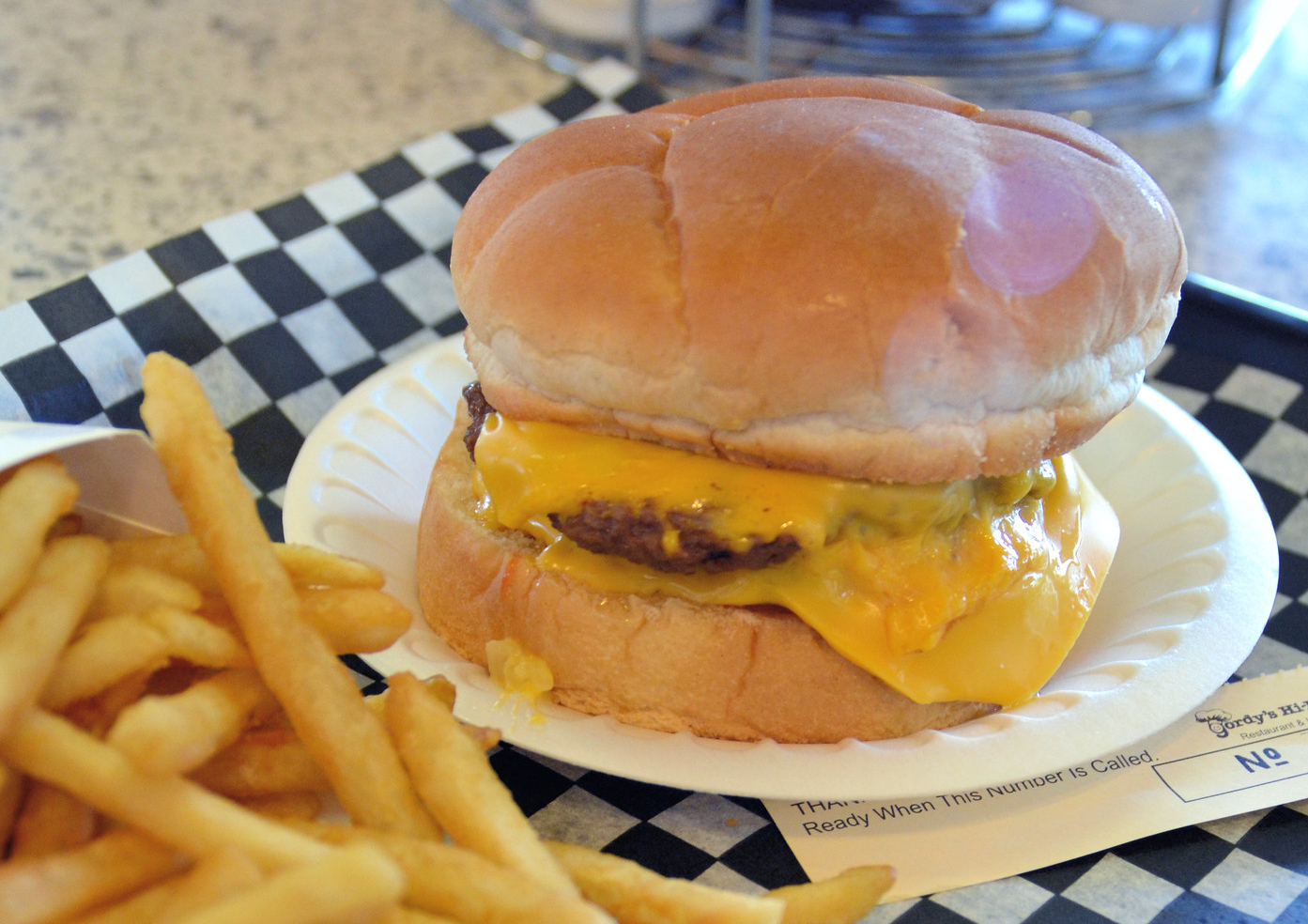 Burger and fries on a plastic plate