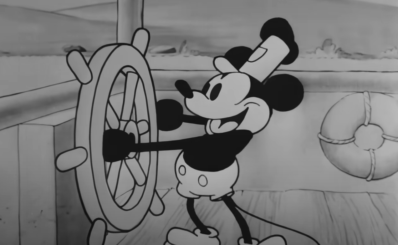 A screenshot of the animated movie Steamboat Willie