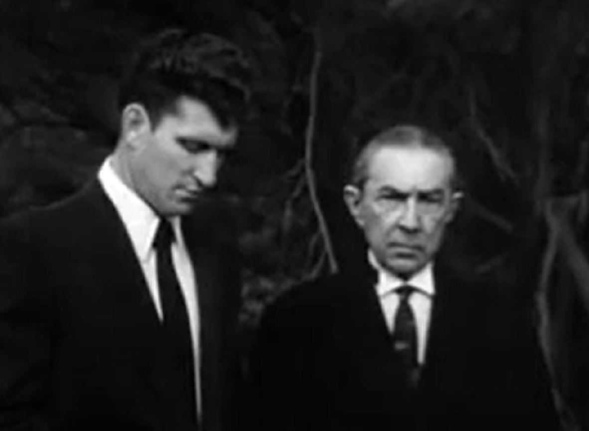 Screenshot of Bela Lugosi and Clay Stone in Plan 9 from Outer Space (1957)