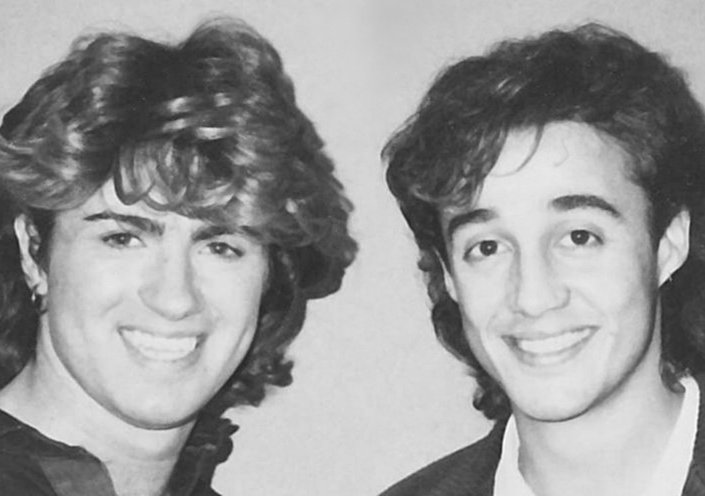 Grayscale Close Up Photo of English pop duo Wham!