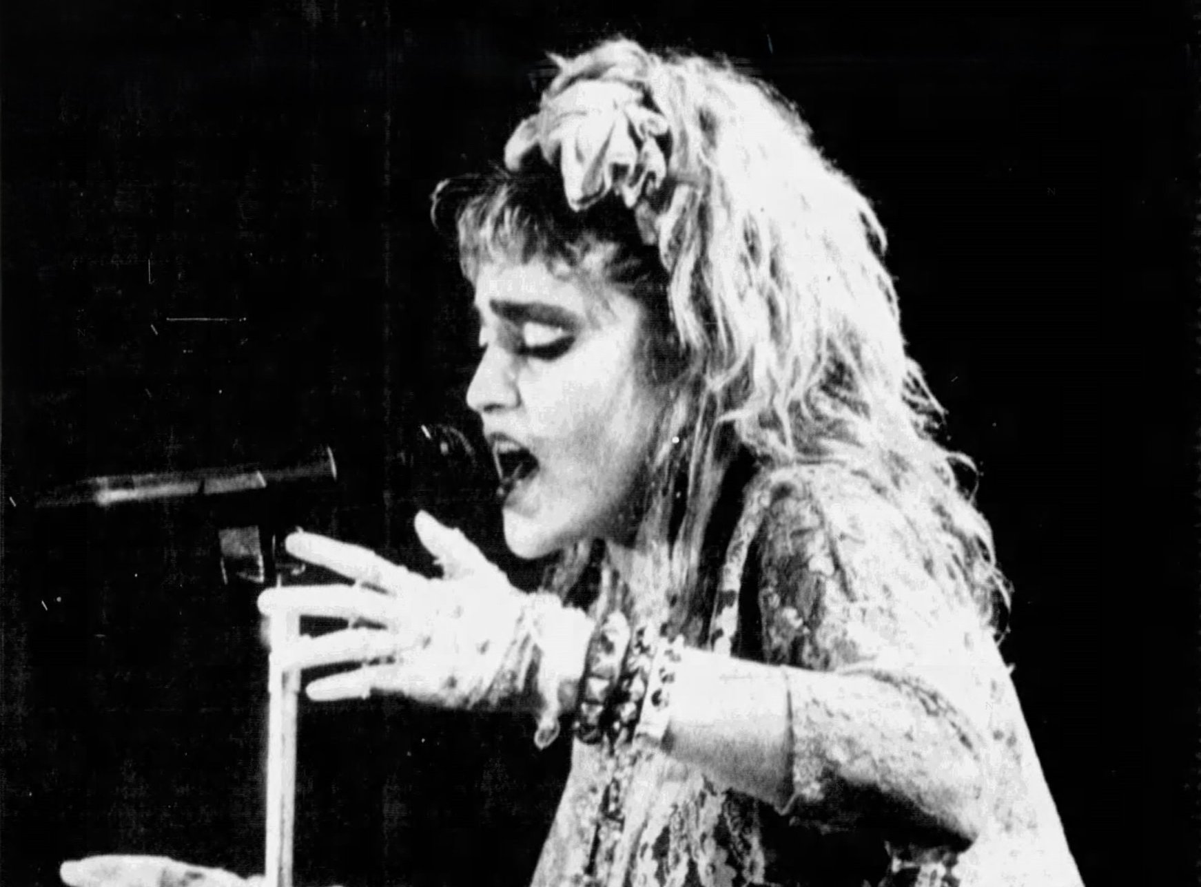 Madonna performing during the 1985 The Virgin Tour
