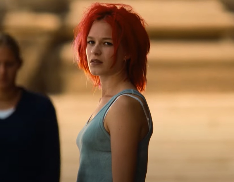 A visually captivating still taken from a pivotal moment in the film Run Lola Run (1998)