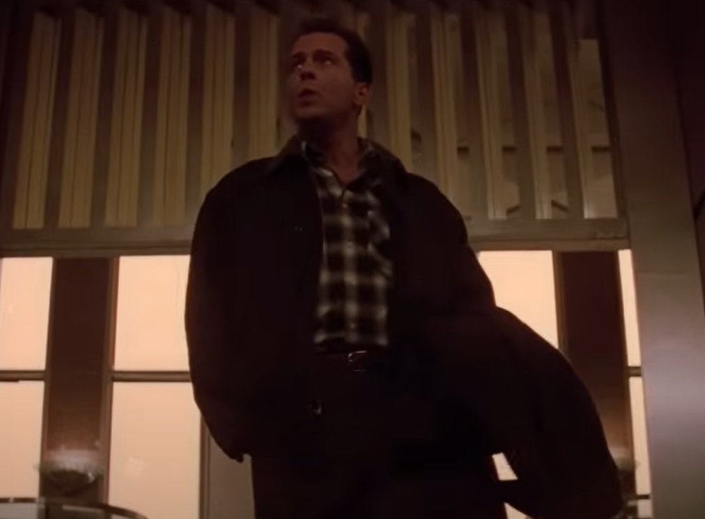 A visually captivating still taken from a pivotal moment in the film Die Hard (1988)