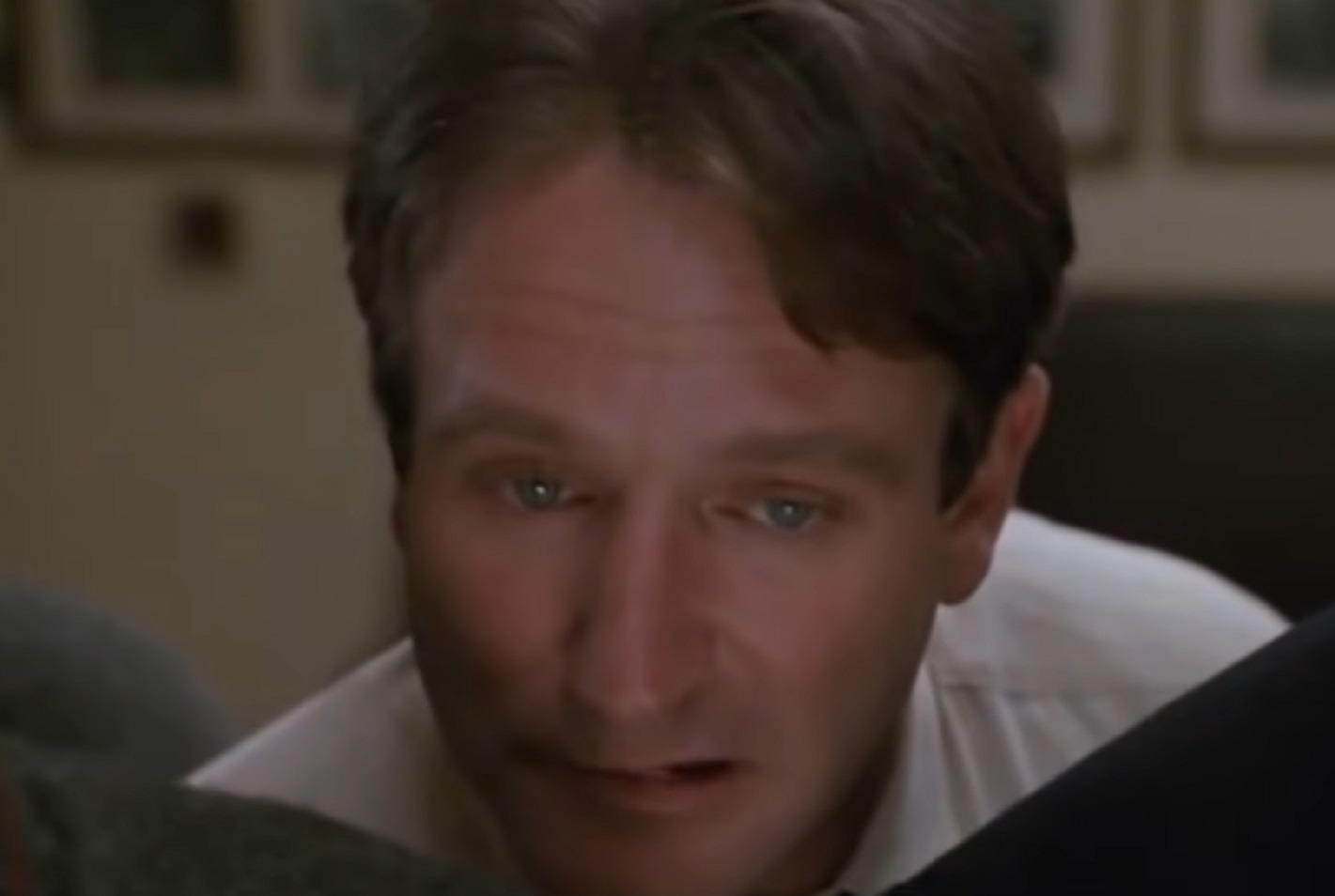 Screenshot of Robin Williams looking at front  - from Dead Poets Society (1989)