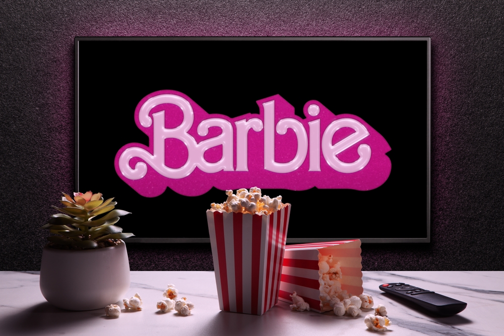 TV screen playing Barbie movie