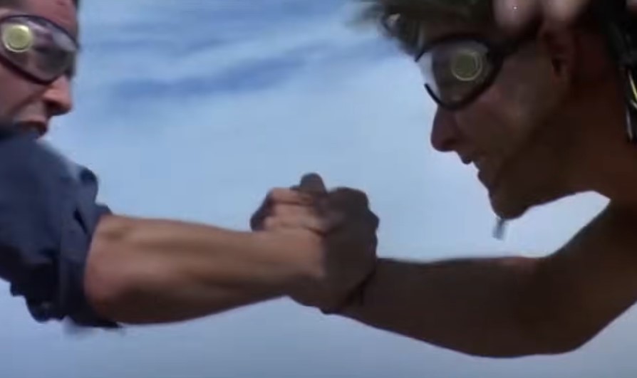 two man skydiving and holding hands