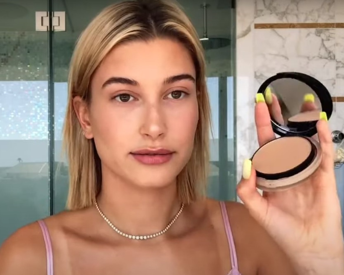 Hailey Bieber in a makeup video tutorial for Vogue in 2020