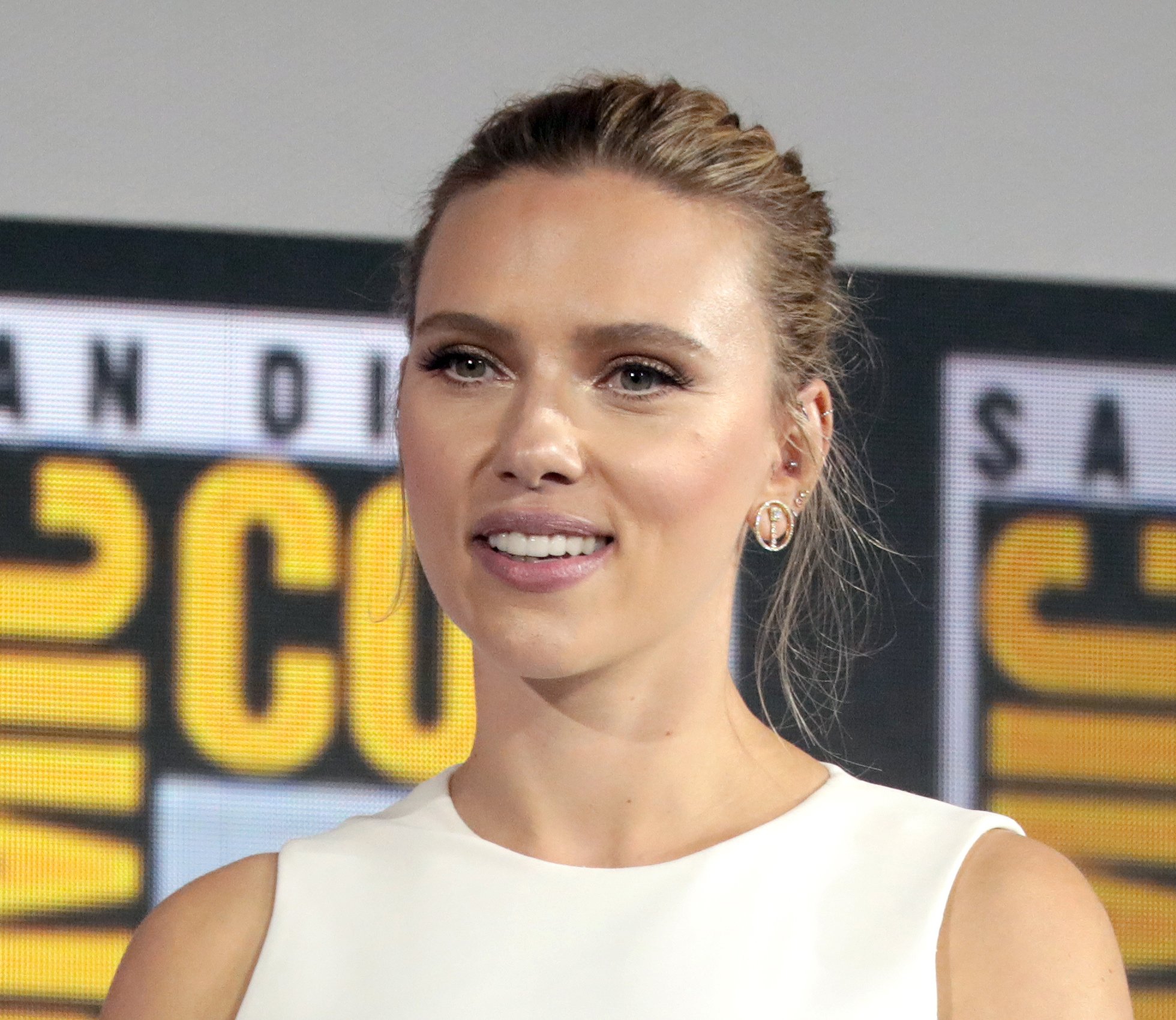 Scarlett Johansson speaking at the 2019 San Diego Comic-Con International