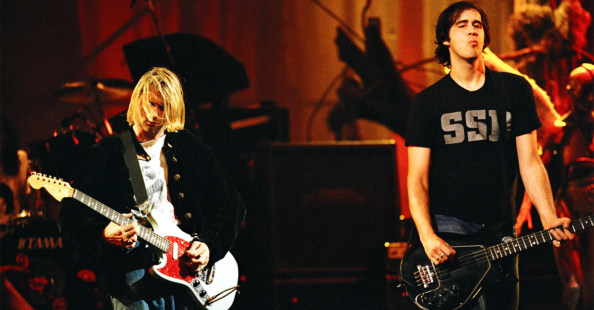 Kurt Cobain and Krist Novoselic of Nirvana during MTV Live and Loud: Nirvana Performs Live - December 1993 at Pier 28 in Seattle, Washington, United States.