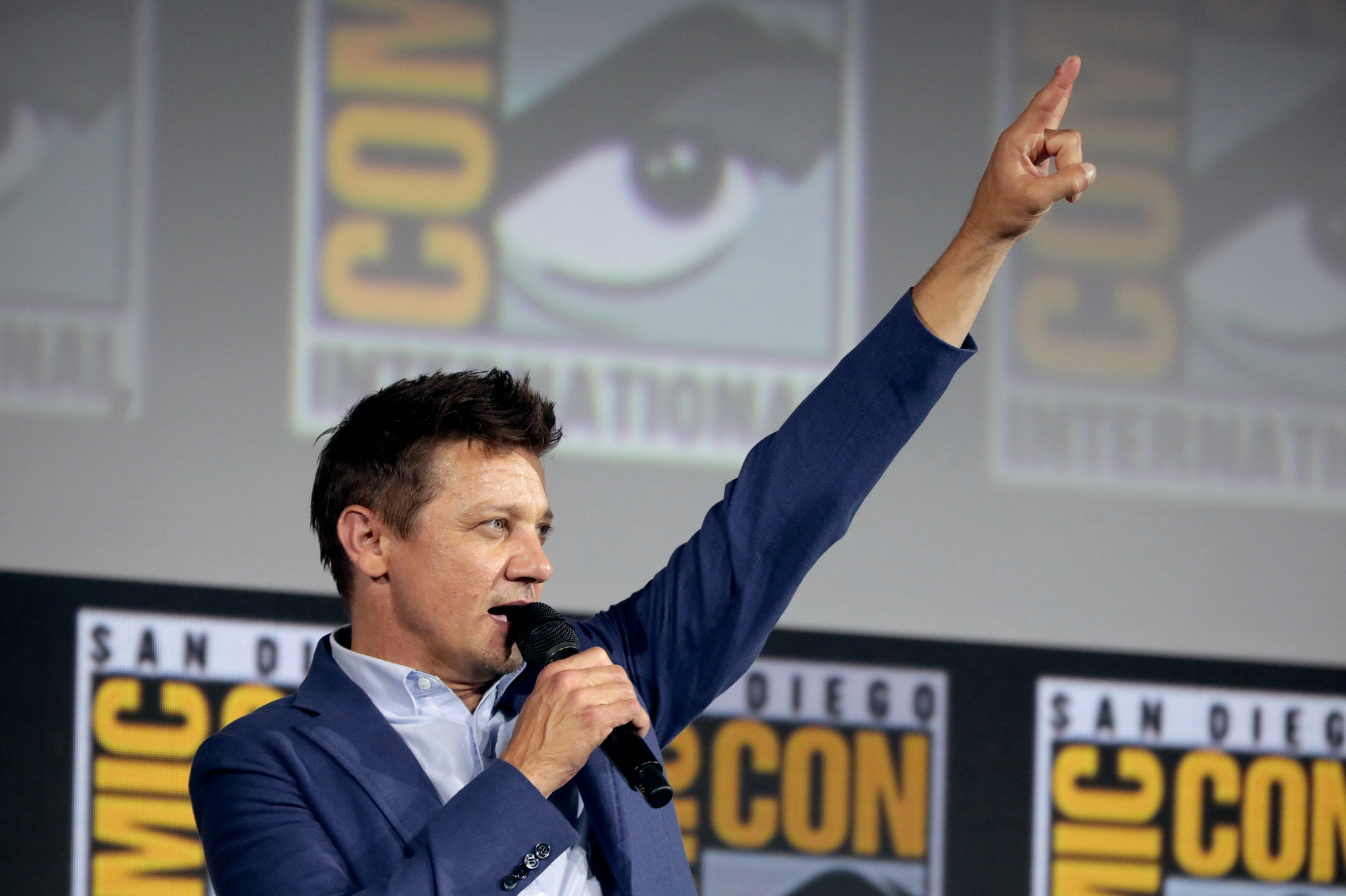 Jeremy Renner speaking at the 2019 San Diego Comic Con International.