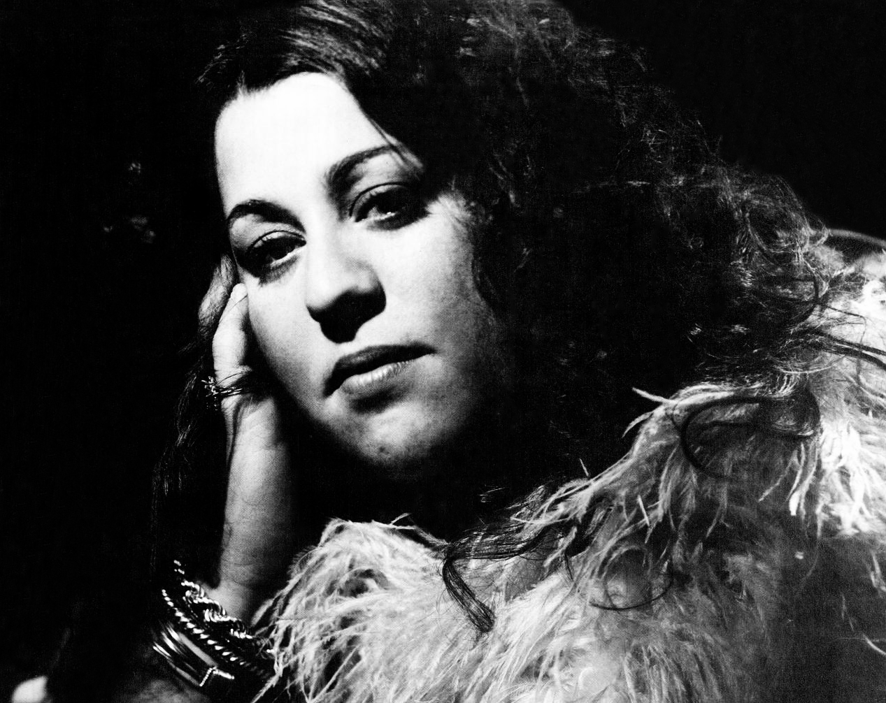 Grayscale Portrait Photo of Cass Elliot in a fur coat
