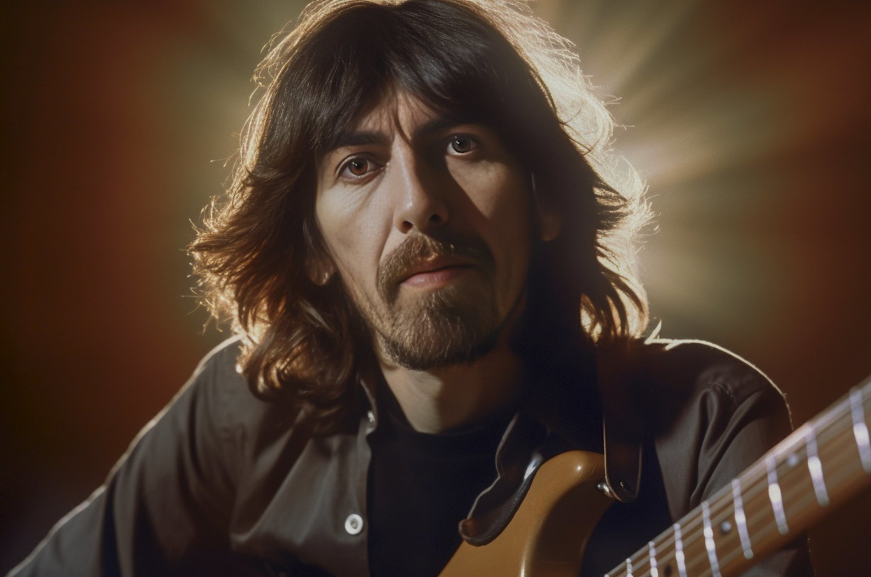 Portrait Photo of George Harrison with his Fender Stratocaster