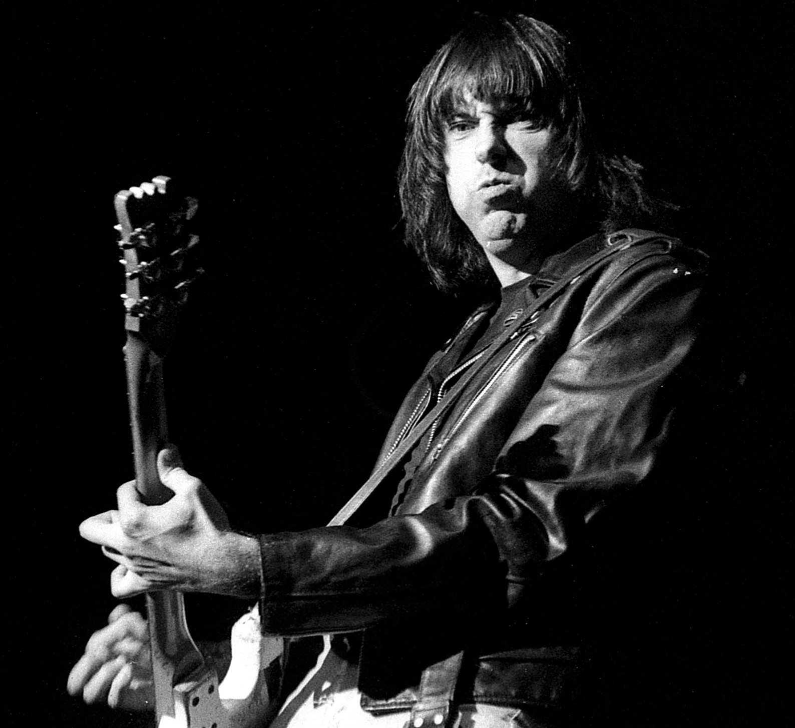 Grayscale Portrait Photo of Johnny Ramone