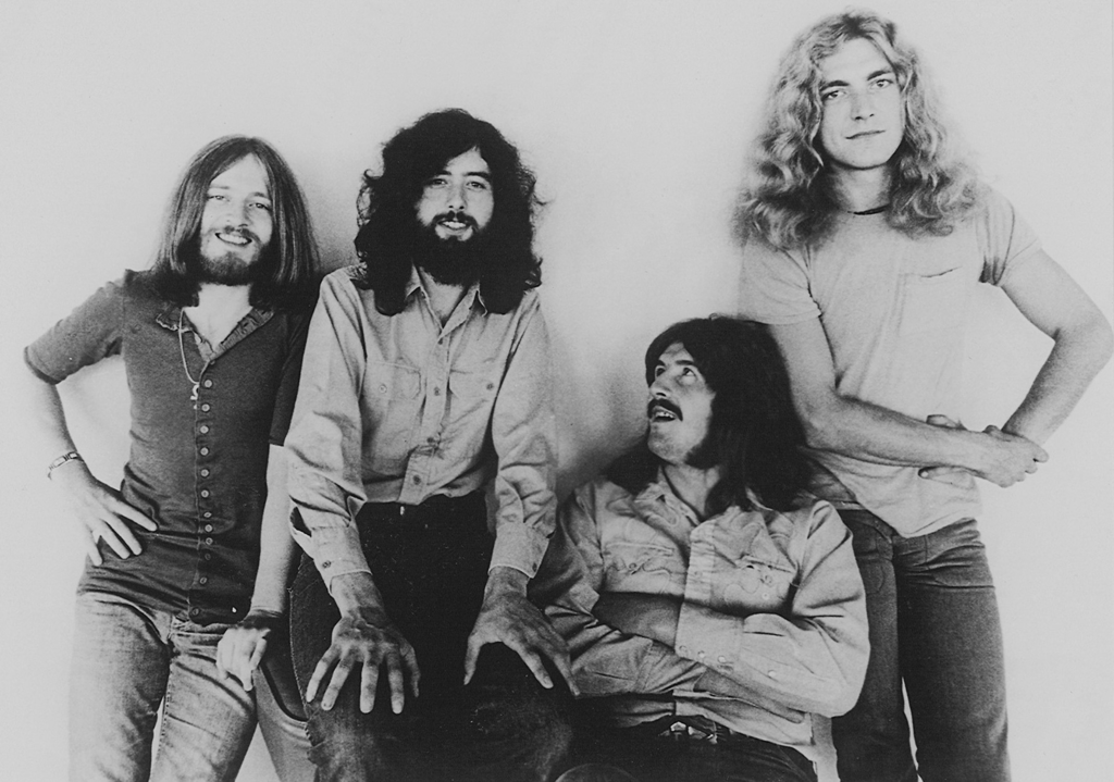 Grayscale Portrait Photo of the band Led Zeppelin.