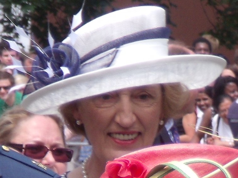 Portrait Photo of Lady Susan Hussey wearing big white hat