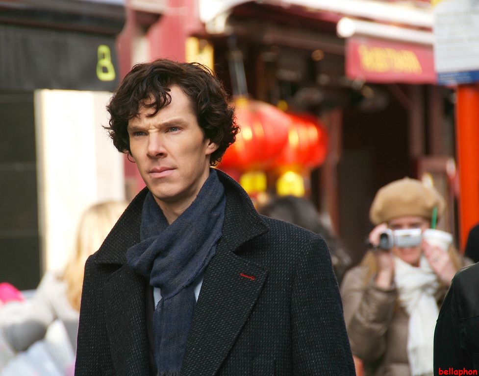 Benedict Cumberbatch during filming of Sherlock in Chinatown, London