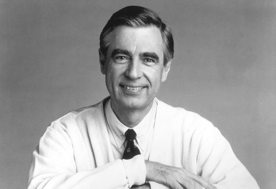 Grayscale Portrait Photo of Fred Rogers in white outfit