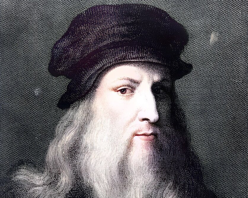 Colorized Portrait Painting of Leonardo Da Vinci on a dark background