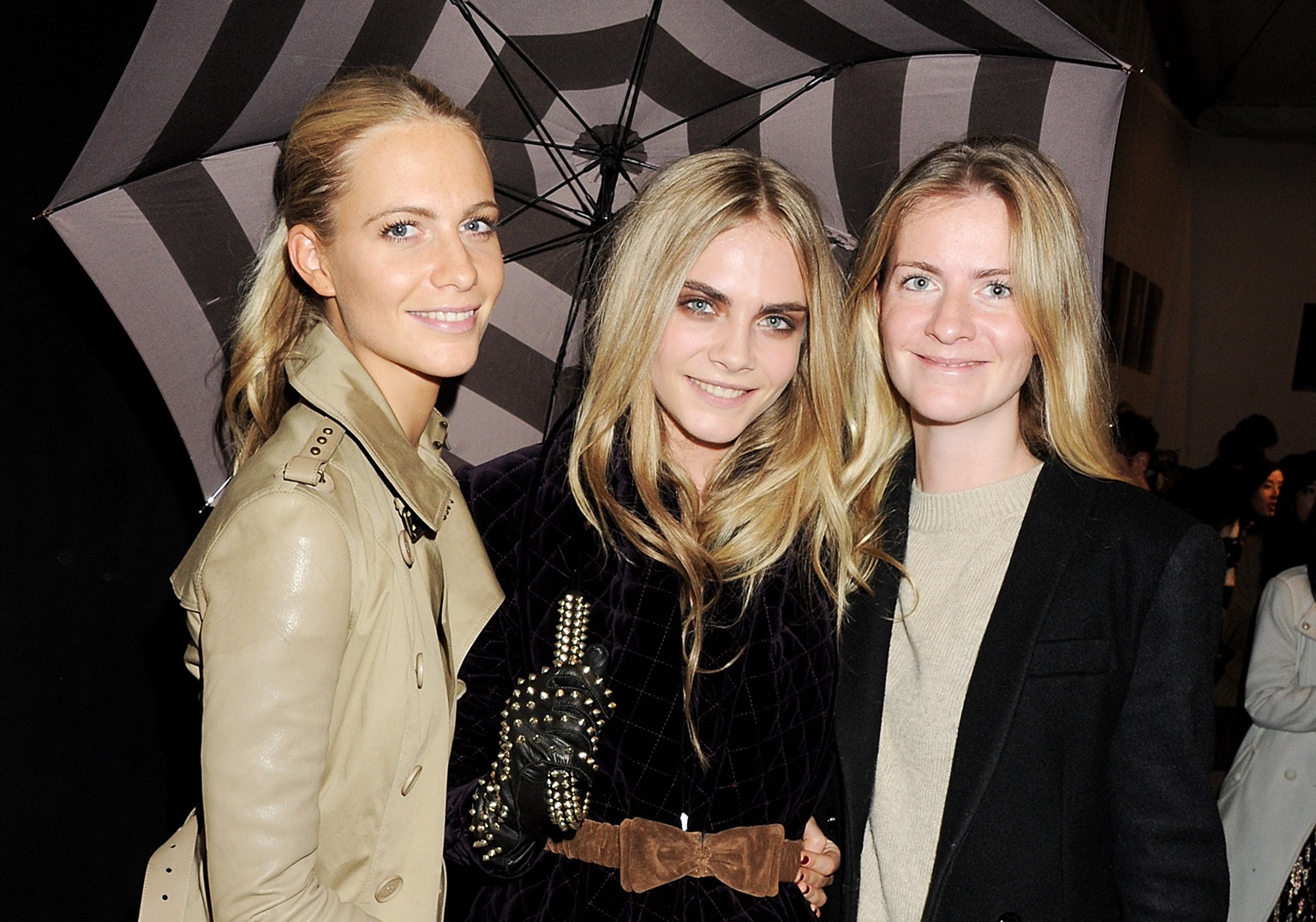 Poppy, Cara and Chloe Delevingne pose backstage following the Burberry Autumn Winter 2012 Womenswear Show