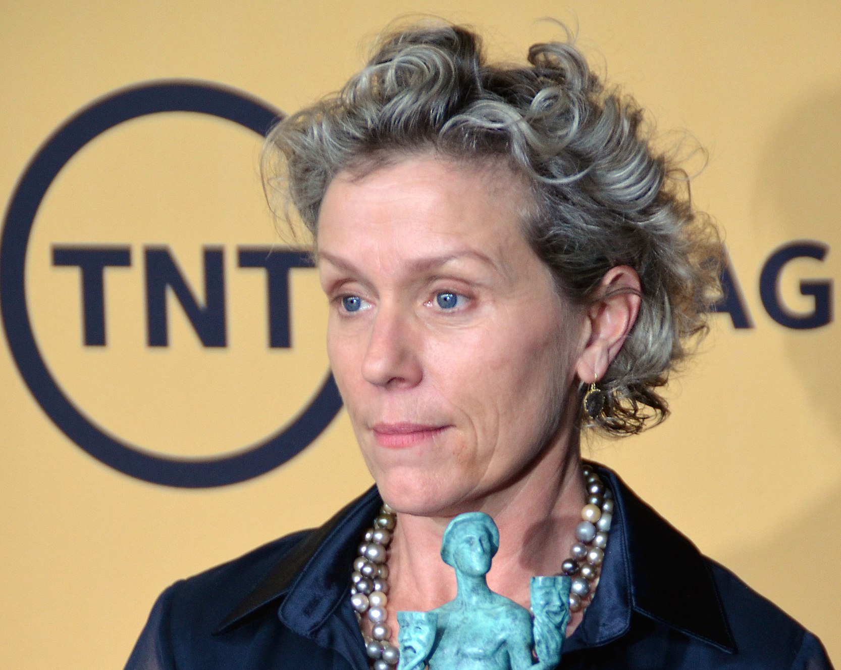Portrait Photo of the actress Frances McDormand in dark outfit