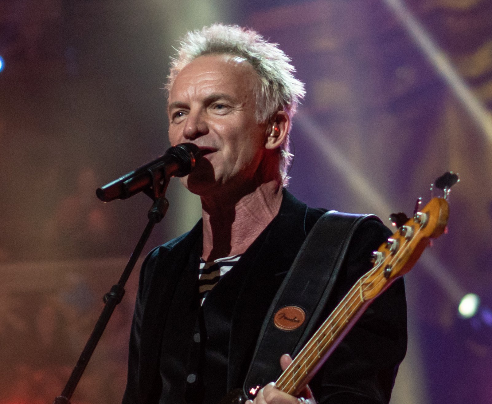 Portrait Photo of Sting in dark outfit performing on stage