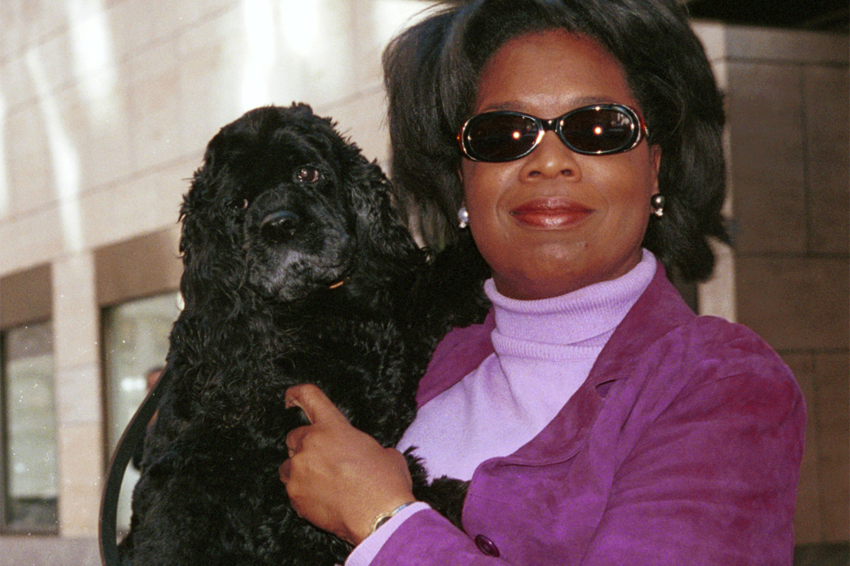 Oprah Winfrey holds her dog Solomon in front of the New York City hotel