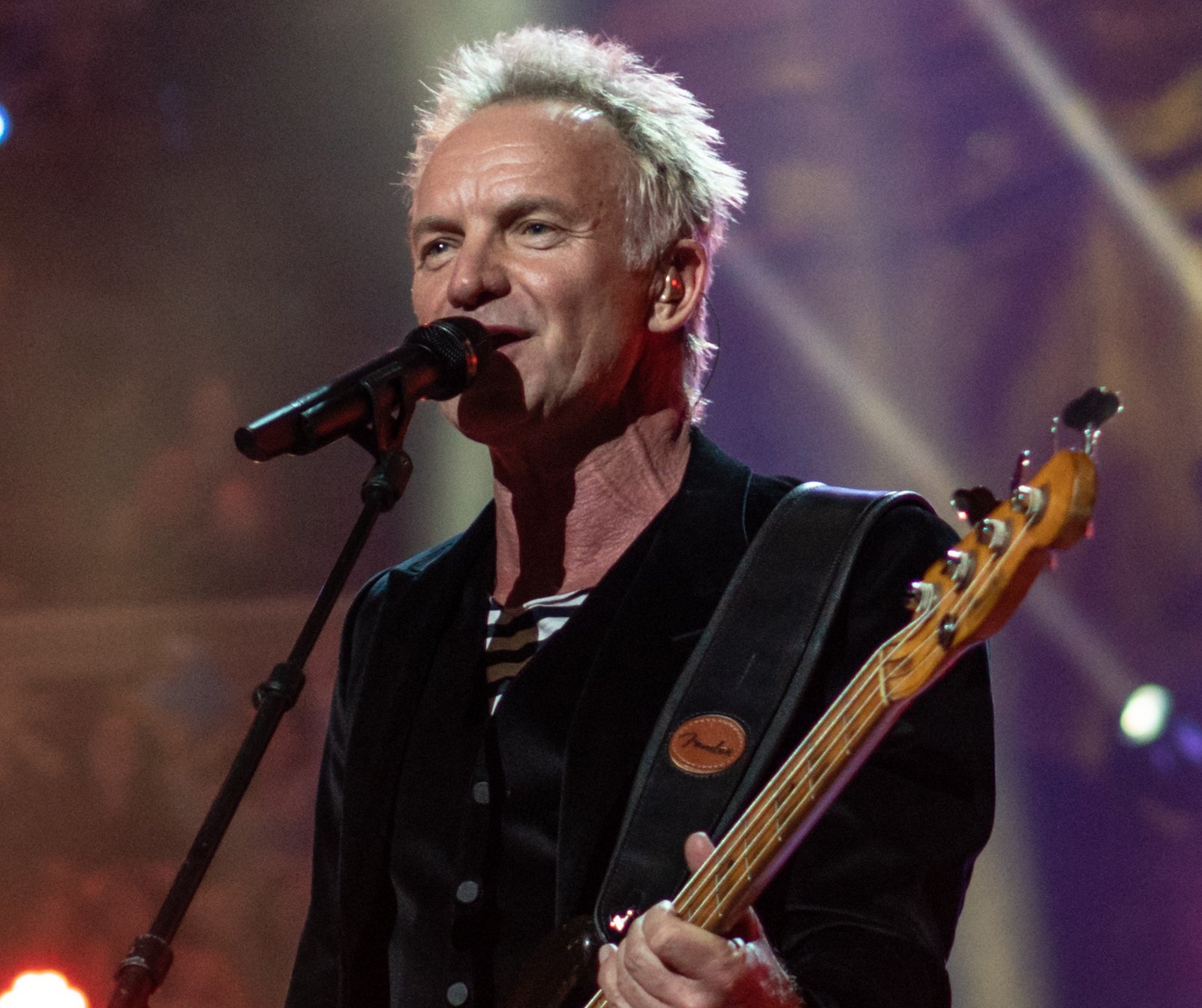 Portrait Photo of Sting in dark outfit performing on stage