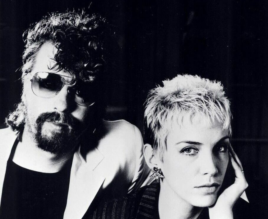Grayscale Portrait Photo of the Musical Duo Eurythmics