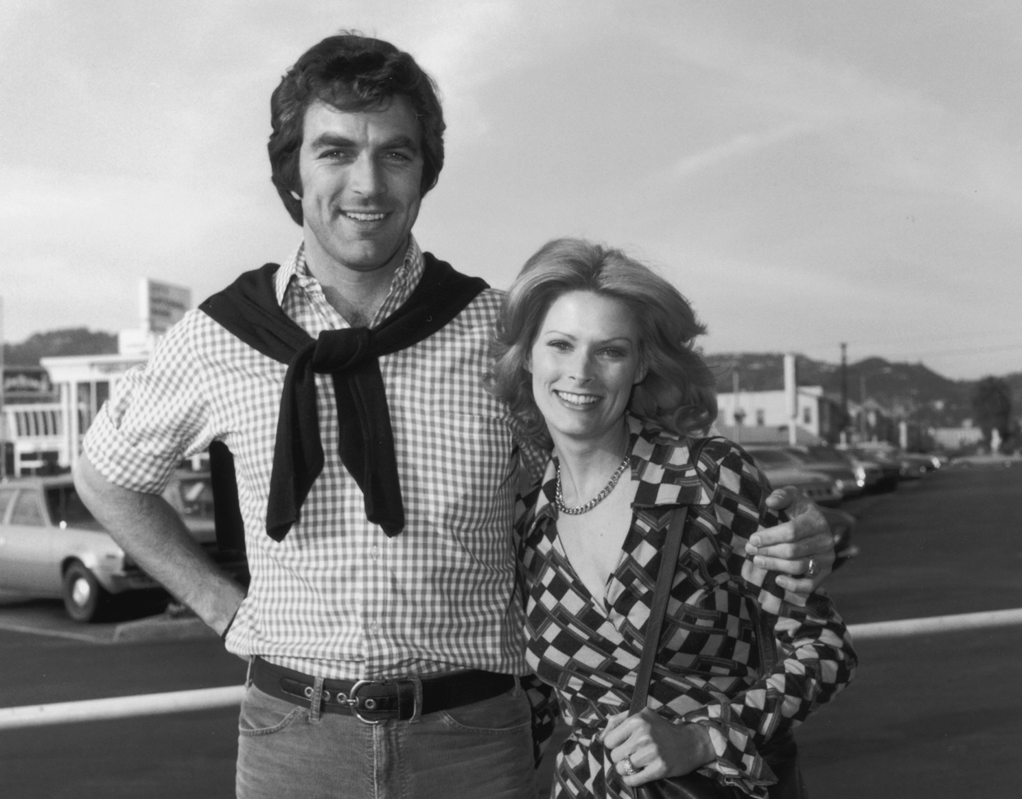 American actor Tom Selleck poses outdoors with his first wife, actor Jacquelyn Ray, Los Angeles, California - 1974