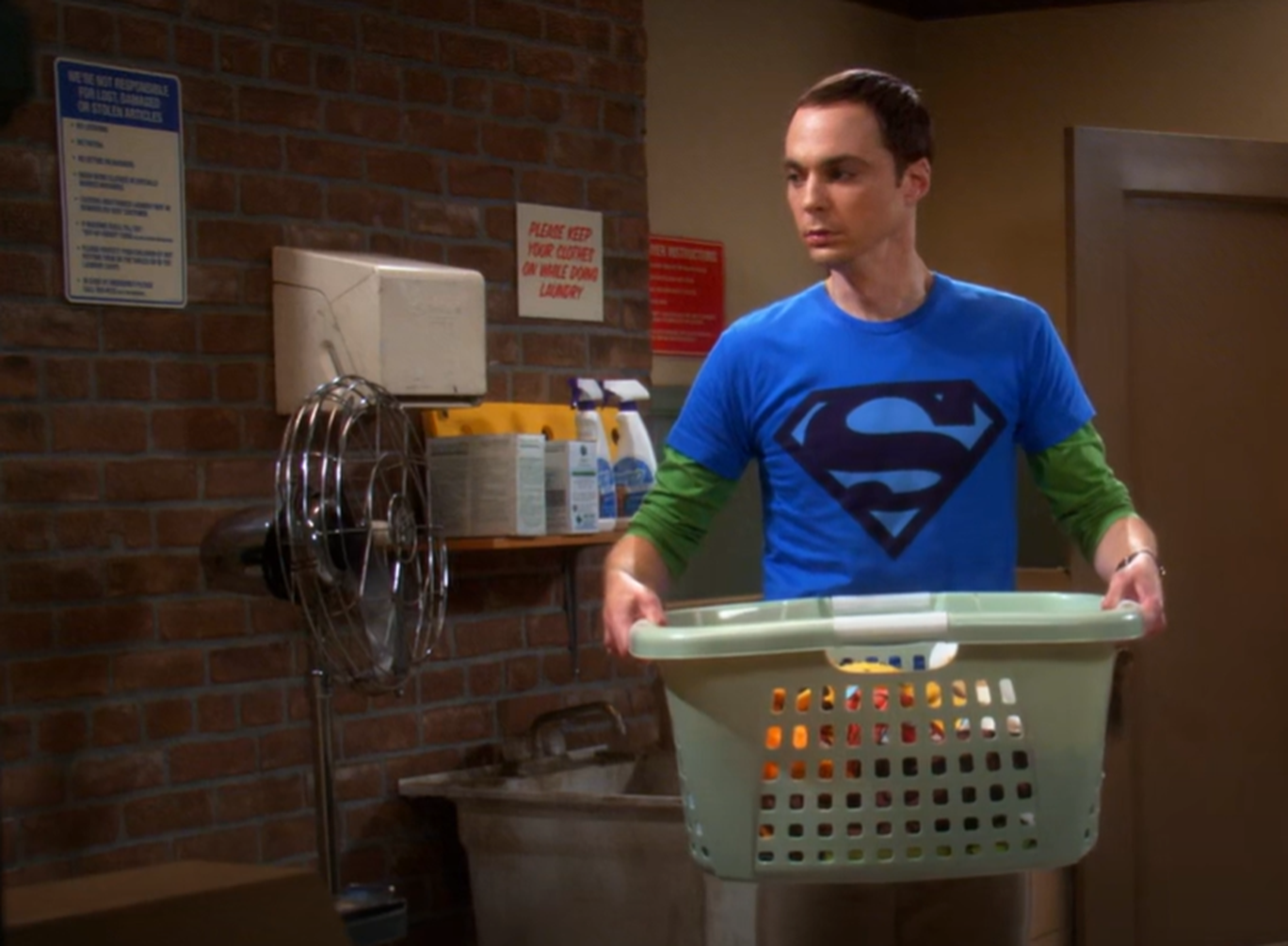 Screenshot of Jim Parsons (Sheldon Cooper) in laundry room from - The Big Bang Theory (2007-19)