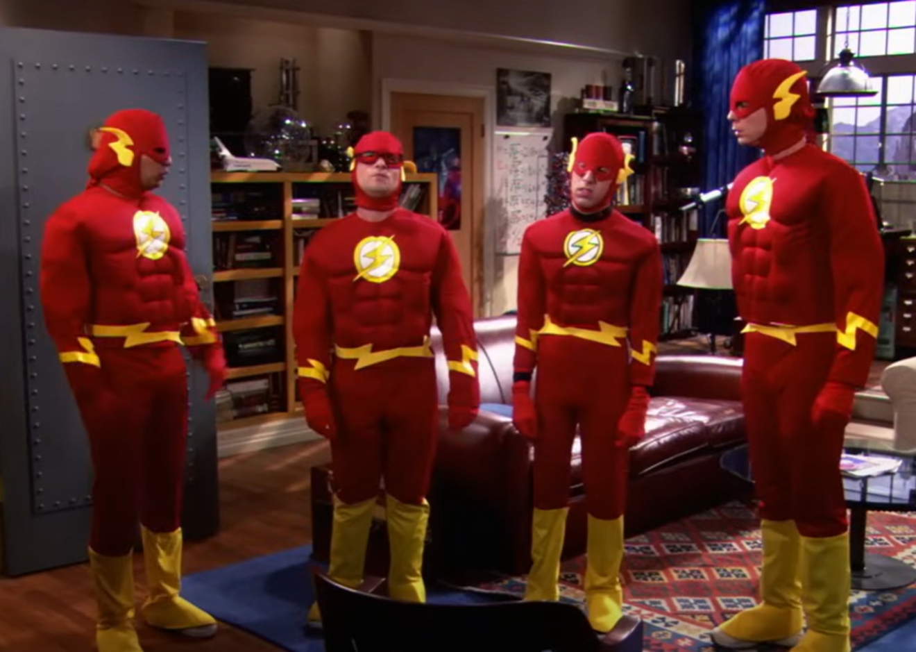 Screenshot of Kunal Nayyar,Johnny Galecki,Simon Helberg and Jim Parsons in superhero suits - from The Big Bang Theory (2007-19)