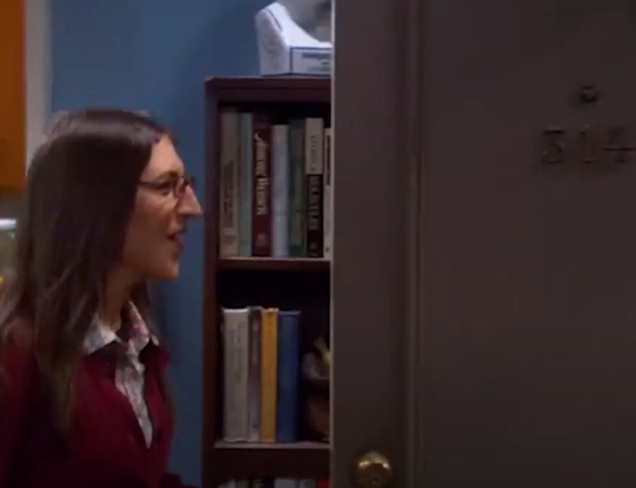 Screenshot of Mayim Bialik (Amy Farrah Fowler) answering the door from - The Big Bang Theory (2007-19)
