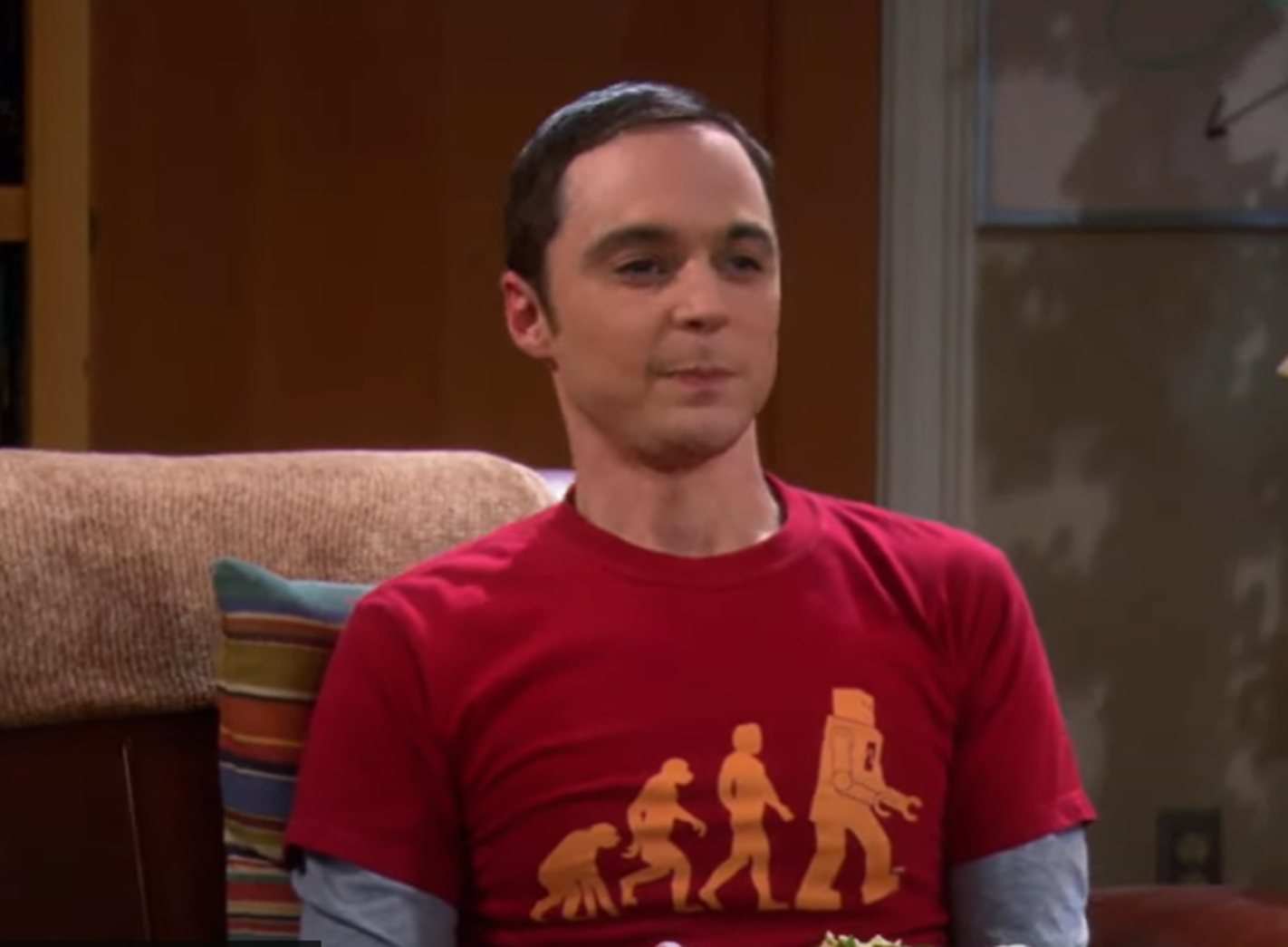 Screenshot of Jim Parsons (Sheldon Cooper) in red shirt from - The Big Bang Theory (2007-19)
