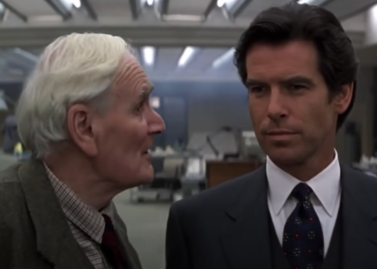 Screenshot of  Pierce Brosnan and Desmond Llewelyn from GoldenEye (1995)