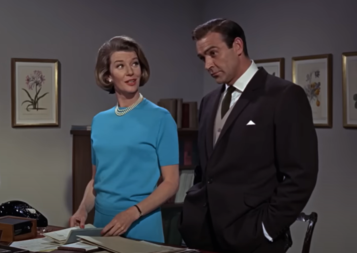 Screenshot of Sean Connery and Lois Maxwell in Goldfinger (1964)