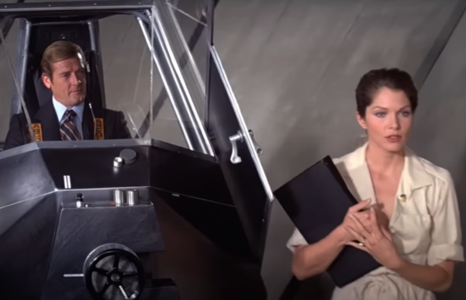 Screenshot of Roger Moore and Lois Chiles in Moonraker (1979)