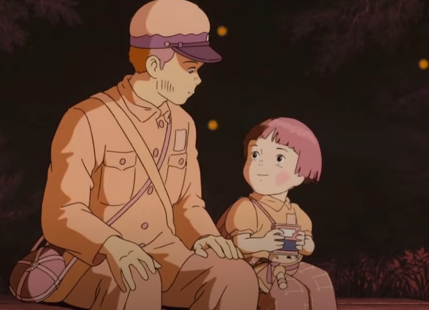 A visually captivating still taken from a pivotal moment in the animated film Grave of the Fireflies (1988)