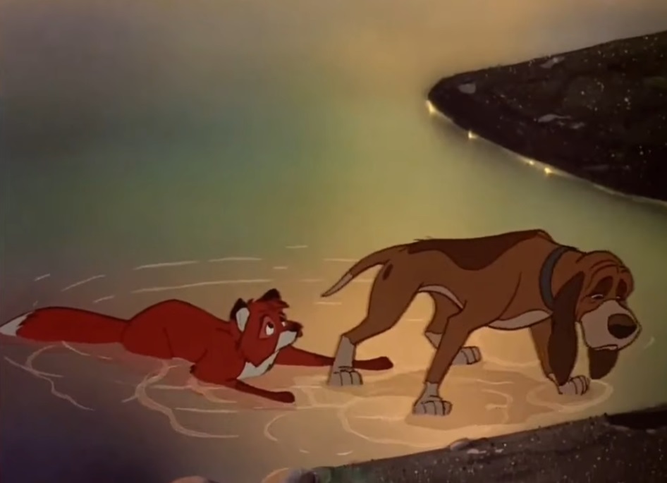 A visually captivating still taken from a pivotal moment in the animated film The Fox and the Hound (1981)