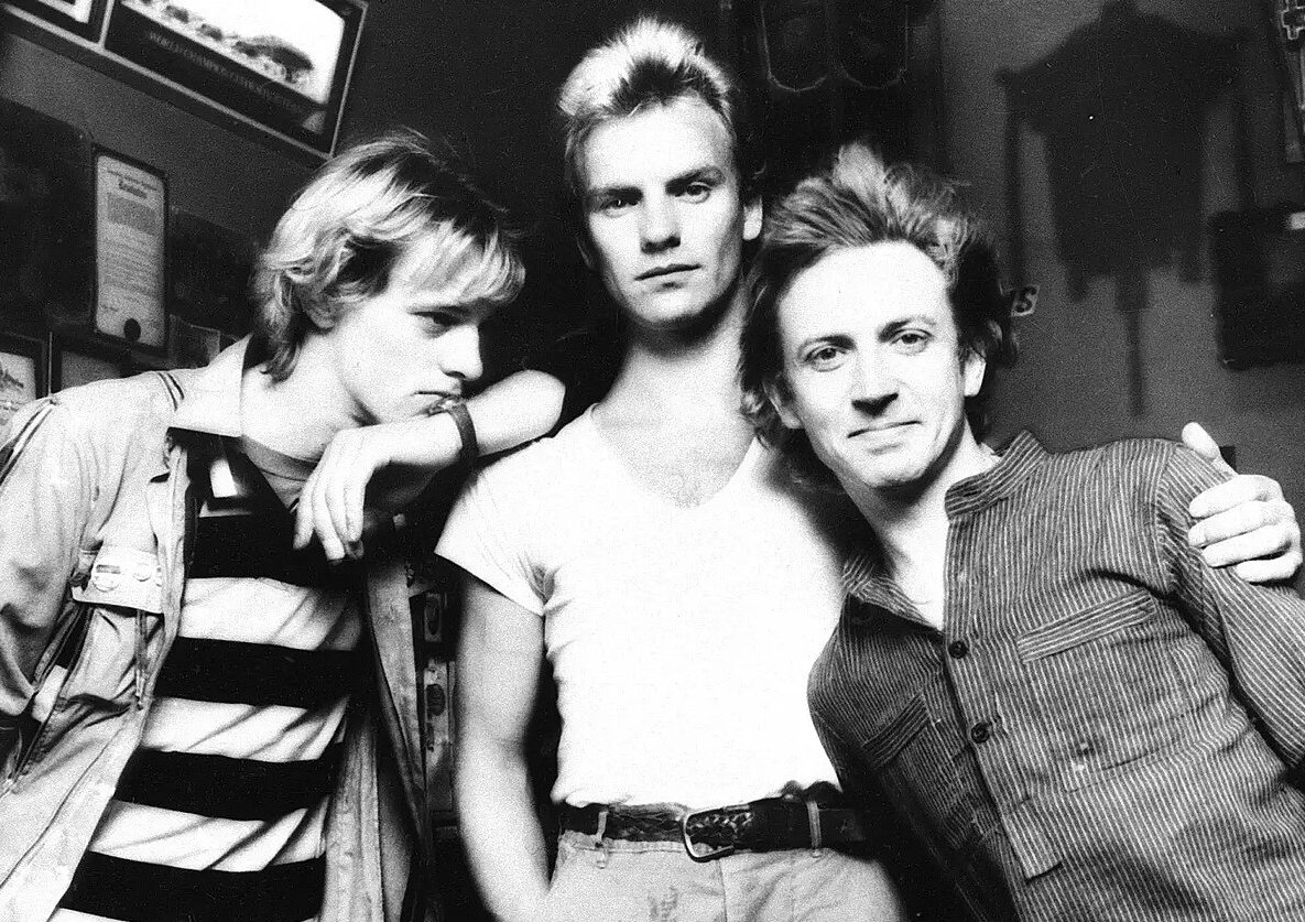 Grayscale Portrait Photo of The Police Members 1979