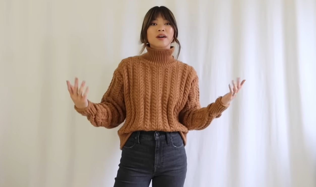 Brown Cable-Knit Sweater And Black Jeans