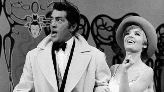 Grayscale Portrait Photo of Photo of Dean Martin and Florence Henderson