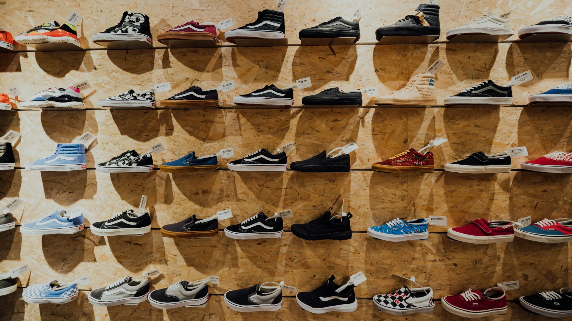assorted Vans shoes display