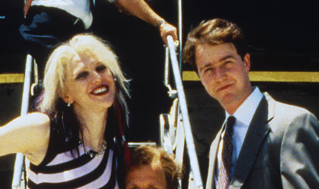 Courtney Love, Woody Harrelson and Edward Norton pose on set of the film 'The People Vs. Larry Flynt', 1996. (
